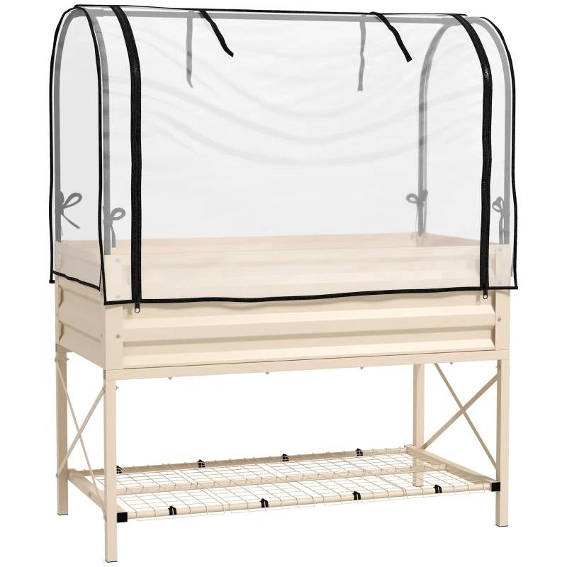 Cream Metal Raised Garden Bed with Greenhouse Cover