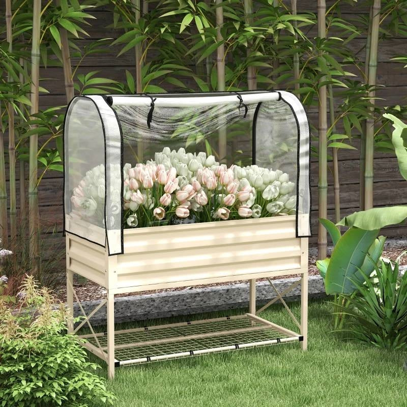 Cream Metal Raised Garden Bed with Greenhouse Cover