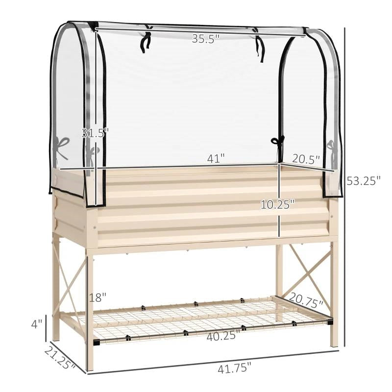 Cream Metal Raised Garden Bed with Greenhouse Cover