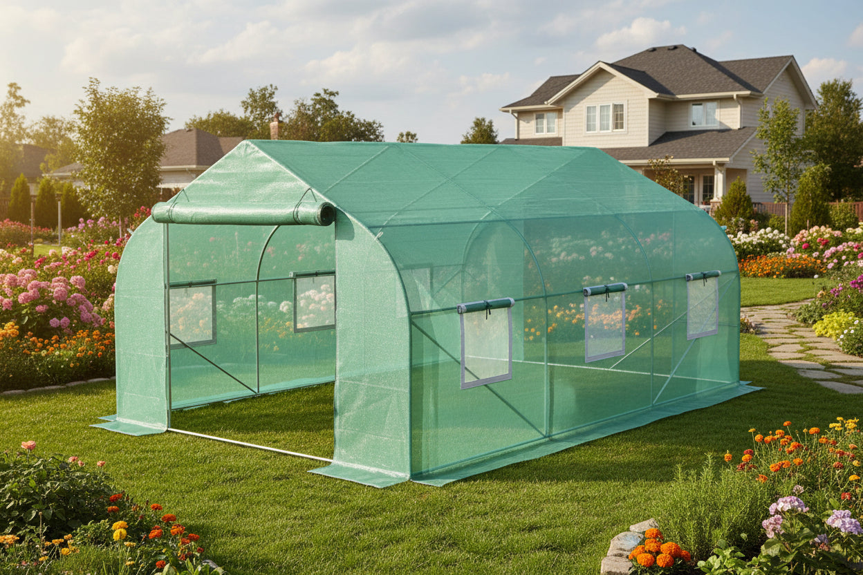 11.5 ft x 9.8 ft. Greenhouse with Green PE Cover and Heavy Duty Steel Frame
