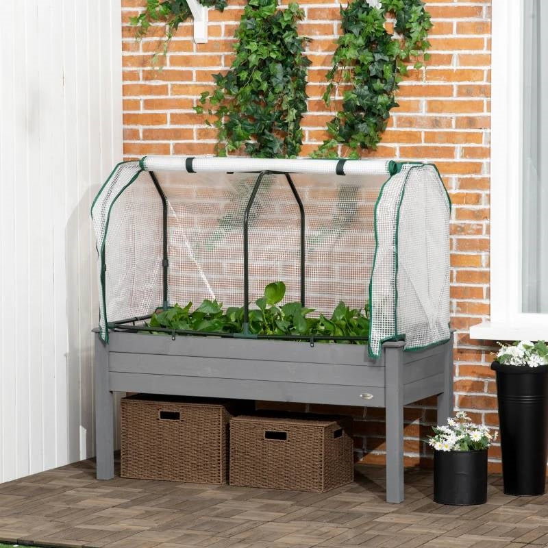 Grey Wood Raised Garden Bed with Greenhouse Cover