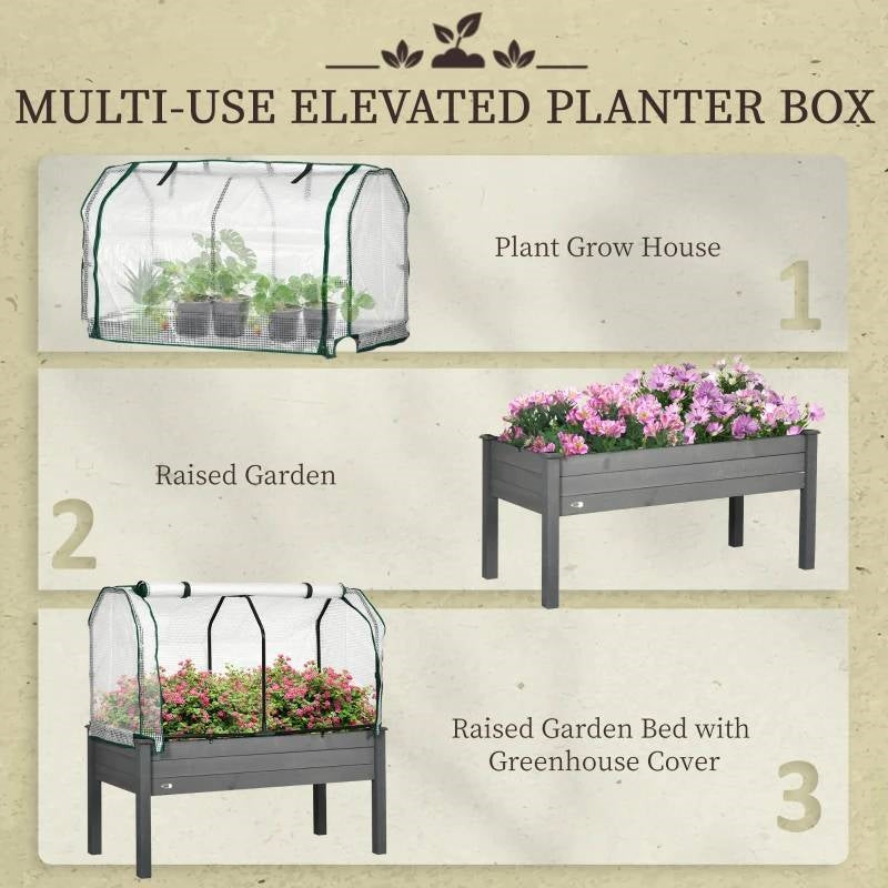 Grey Wood Raised Garden Bed with Greenhouse Cover