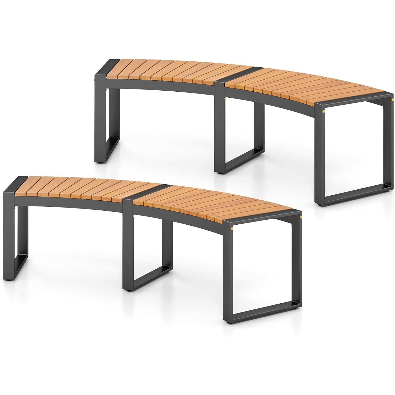 Set of 2 Outdoor Metal Wood Backless Benches
