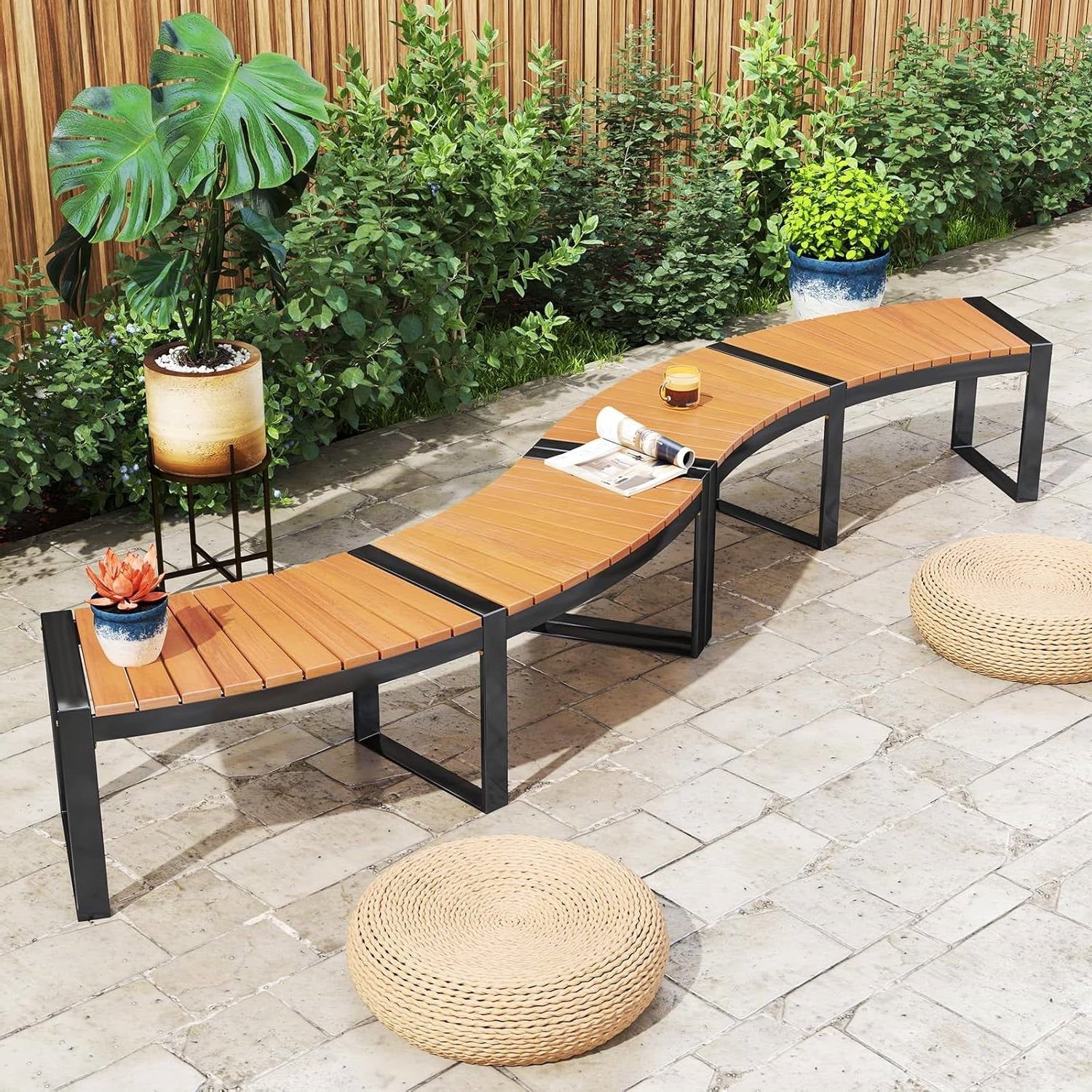 Set of 2 Outdoor Metal Wood Backless Benches
