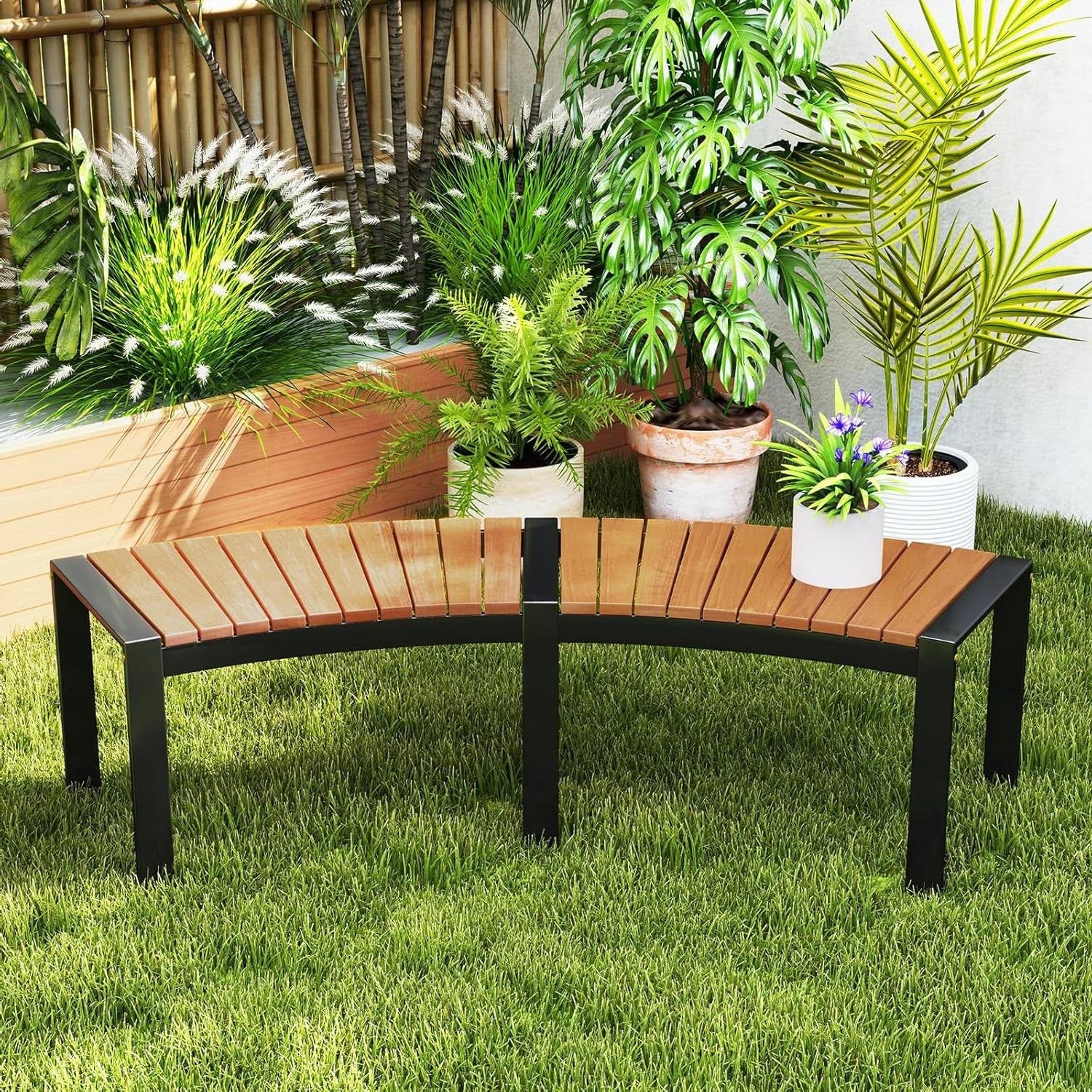 Set of 2 Outdoor Metal Wood Backless Benches
