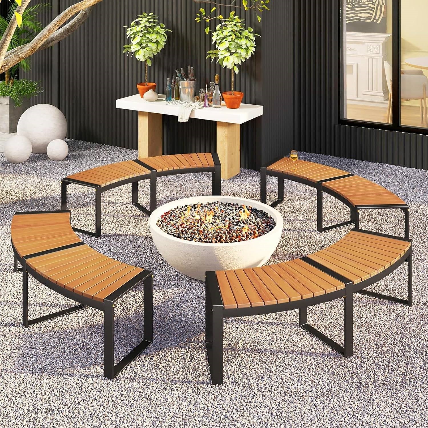 Set of 2 Outdoor Metal Wood Backless Benches