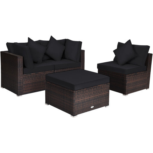 4-Piece Black Rattan Ottoman Patio Furniture Set